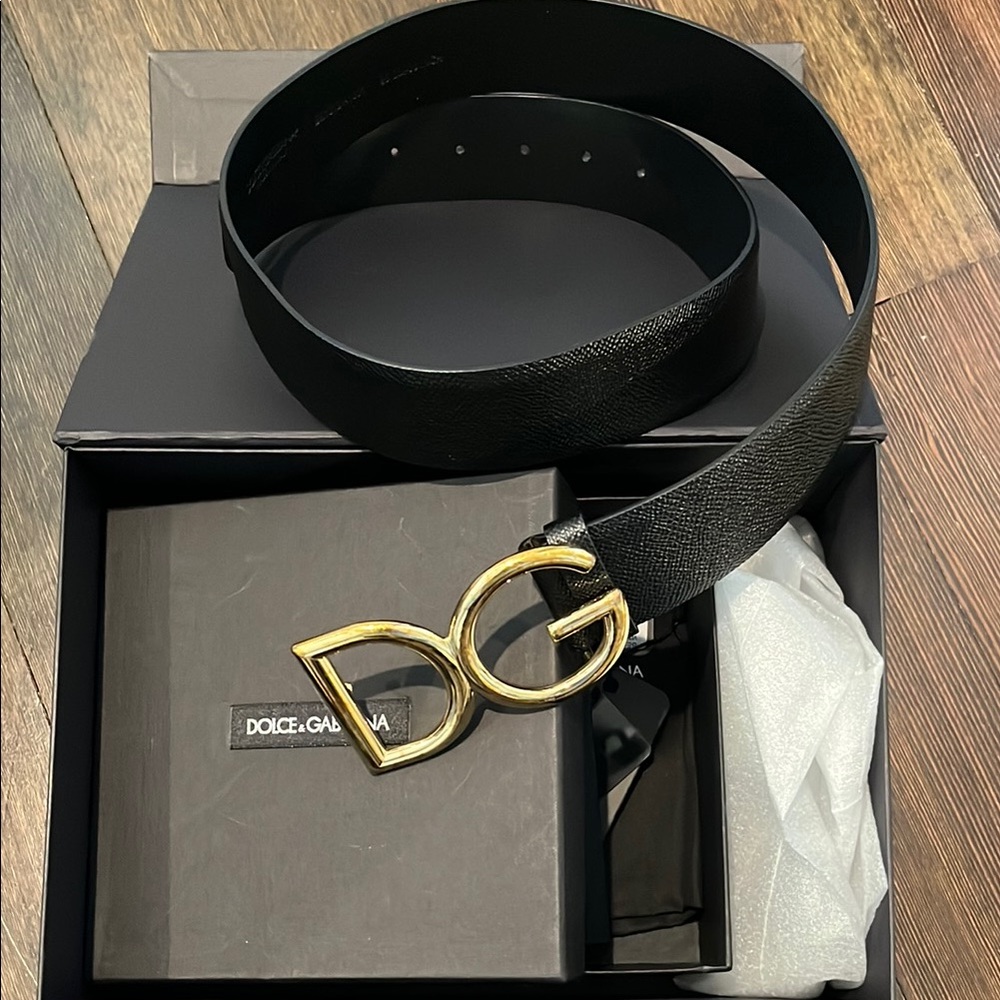 Dolce & Gabbana Black Leather Belt with Gold Buckle
